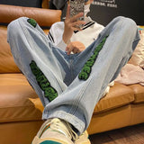 Bonsir Jeans for Men With Print Straight Trousers Grunge Y2k Graphic Baggy Low Rise Stretch 2024 Trend 90s Streetwear Mens Cowboy Pants