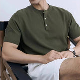 BONSIR  -  New Fashion American Style Men T-shirt Luxury Striped Knitted Henry Collar Tees Casual Solid Color Short Sleeve Breathable Tops