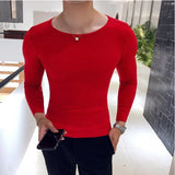 Bonsir Spring Round Neck Slim Fit Solid Color T Shirts Men Long Sleeve Simple Bottoming Shirt Casual Clothing Tee Top 4XL-M
