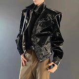 Bonsir Mens Pu Leather Jacket Shiny Shoulder Pad Leather Jacket Autumn Streetwear Biker Pu Leather Long-Sleeve Top Men'S Clothing 2024