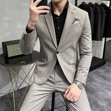 Bonsir ( Blazer + Pants ) New Formal Business Plaid Mens Suits Slim Formal Masculino Terno Tuxedo Groom Prom Wear 2 Pieces Set