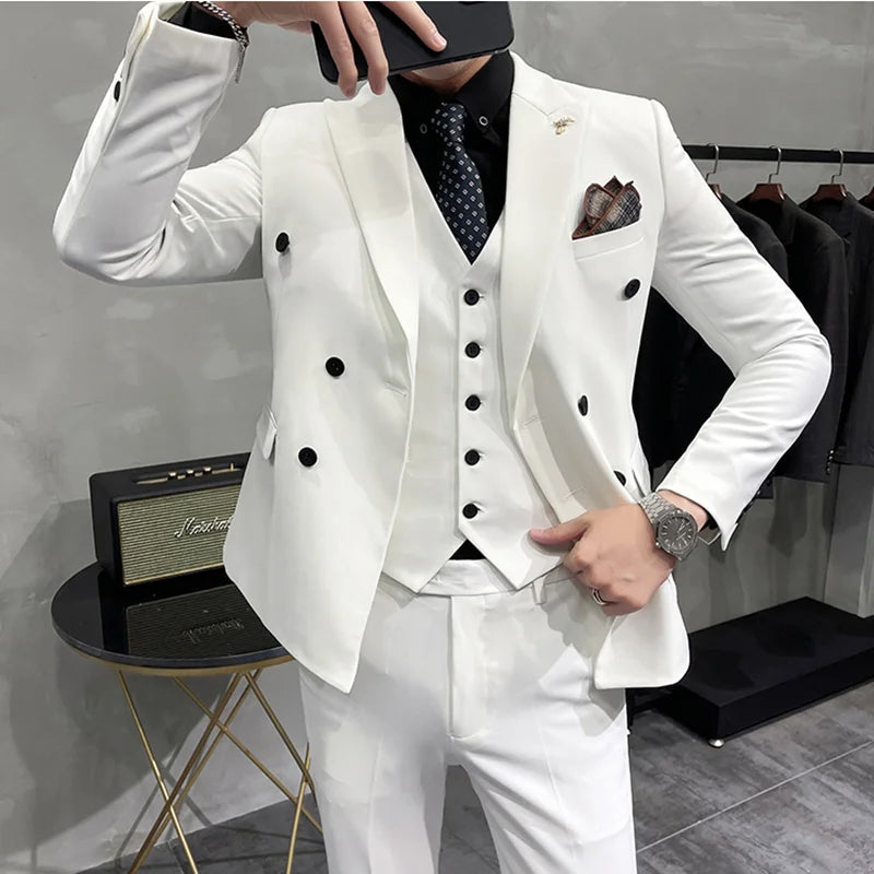 Bonsir New Pale Pink Men's Suit 3 Pieces Double-Breasted Lapel Formal Slim Fit Casual Tuxedos For Wedding (Blazer+Vest+Pants)