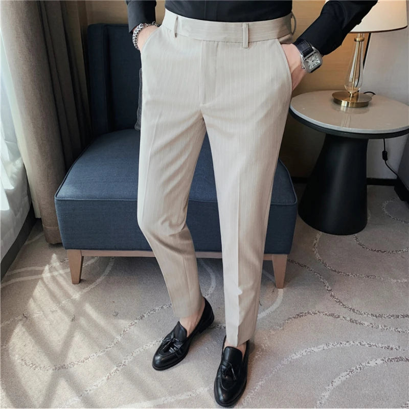 Bonsir British Style Striped Slim Fit Suit Pant Men Business Casual Simple Dress Pants High Quality Social Wedding Party Trousers 38-28