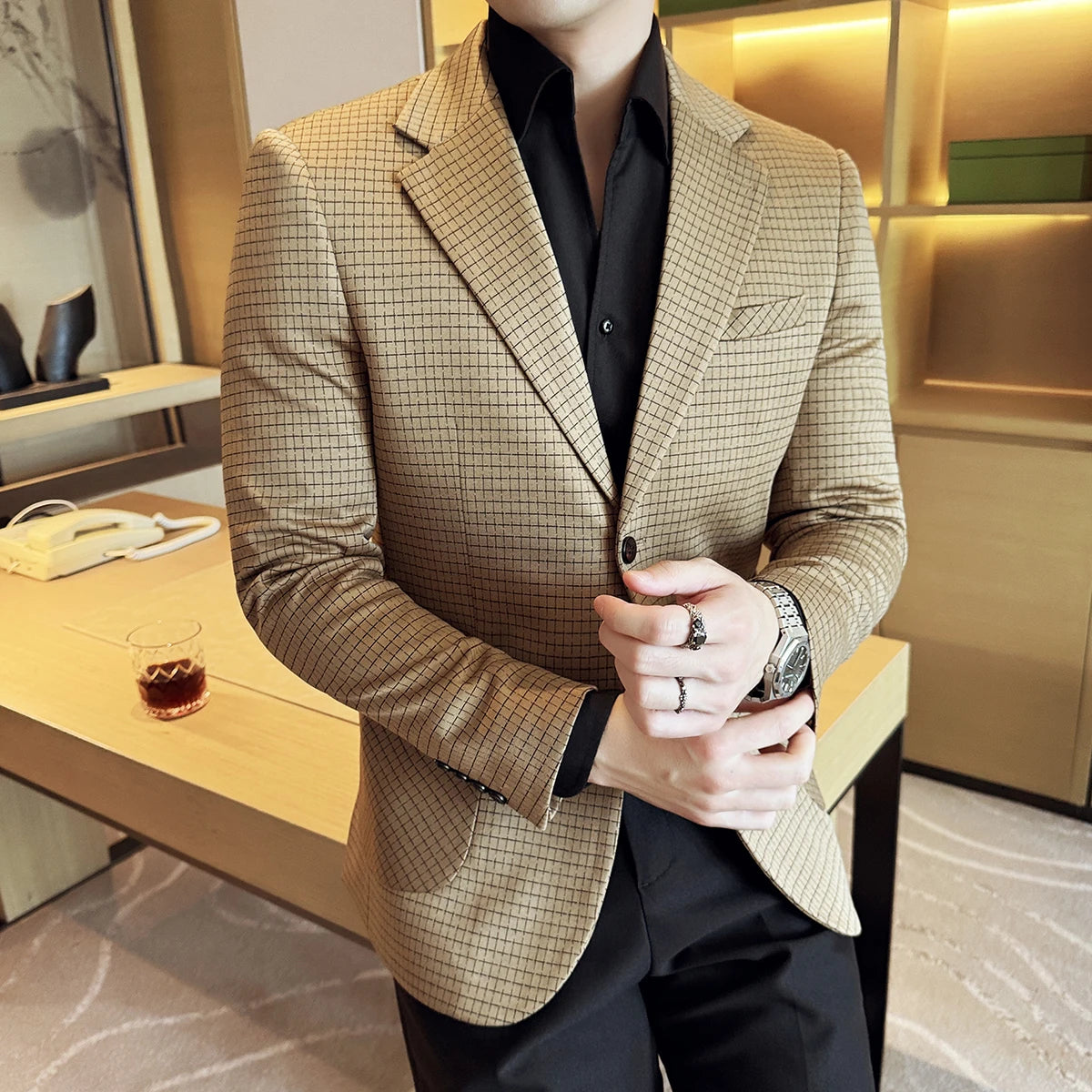 Bonsir British Style Plaid Suit Jacket For Men New Business Casual Slim Blazer Formal Wedding Party Suit Dress Coats Men Clothing