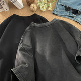 BONSIR  -  Washed Black T-Shirt Neckline Print Harajuku Style Short Sleeve Couple's Daily Tshirt Round Neck Top Y2k Street Style Tee Shirt