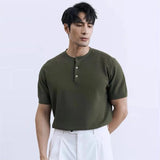 BONSIR  -  New Fashion American Style Men T-shirt Luxury Striped Knitted Henry Collar Tees Casual Solid Color Short Sleeve Breathable Tops