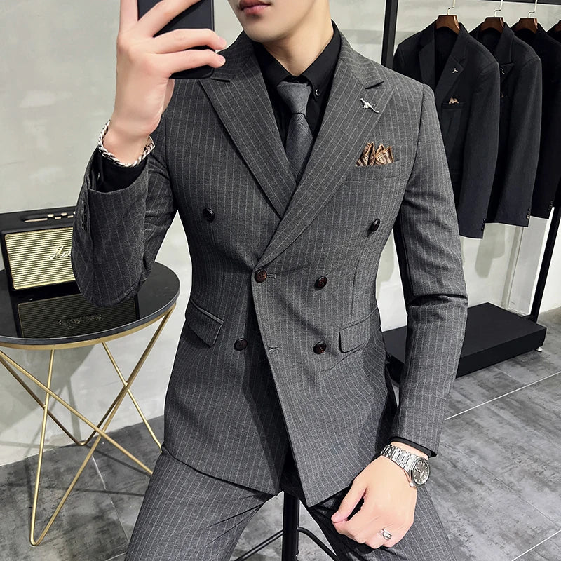 Bonsir Luxury Fashion Stripe Men Suits Double Breasted Slim Fit Business Wedding Stage Tuxedo Formal Office Work Casual Suits 3Pcs/2Pcs