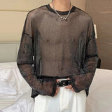 BONSIR  -  Tops Mens Sexy Transparent Glitter Mesh T Shirts Fashion Long Sleeve O Neck See Through Basic Tops Men Streetwear Tees