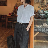 BONSIR  -  New Fashion Korean Style Men T-shirt Light Luxury Henry Collar Tops Casual Loose High Quality Solid Color Half Sleeve Tees M-2XL