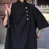 BONSIR  -  Irregular Fashion Y2k Mens High Collar Side Buckle Design Summer Short-Sleeved Shirt Mens Casual Gender-Free Senior Shirt