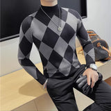 Bonsir Autumn Winter New Half High Neck Slim Fit Sweaters For Men Fashion Rhombus Lattice Long Sleeves Casual Knitted Stretch Sweater
