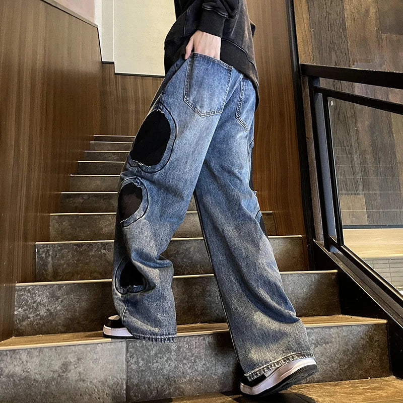 Bonsir American Retro Heavy Industry Patchwork Overalls Long Pants Men's High Street Causal Loose Pocket Denim Trousers Male Clothes