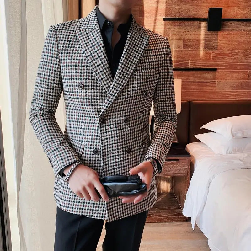 Bonsir British Style Mens Slim Fit Houndstooth Blazer Men New Simple Double Breasted Business Office Wedding Dress Suit Jacket