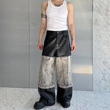 Bonsir Autumn Niche Design Patchwork Casual Pants Versatile Straight Washed Denim Splice PU Leather Wide Leg Trousers Tide