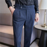 Bonsir British Style Men High Waist Casual Dress Pant Men Belt Design Slim Trousers Formal Office Social Wedding Party Dress Suit Pants