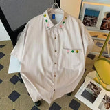 BONSIR  -  Striped Embroidery Men's Short Sleeved Shirt Loose Casual Lapel Male Blouse Summer Thin Japanese Versatile Top