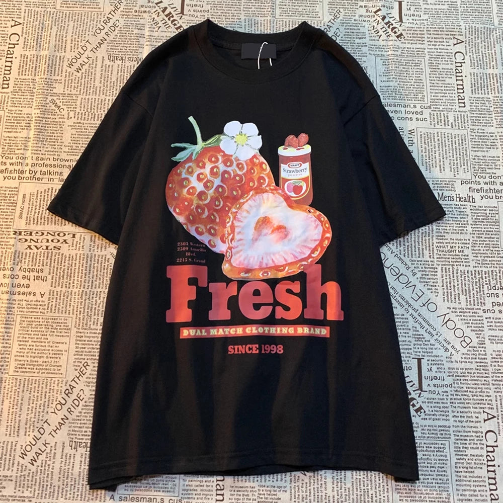 Bonsir  Fresh Strawberry American Retro Creative Printed Short Sleeved T-shirt Men Women Trendy Brand Loose Versatile Half Sleeved Shirt