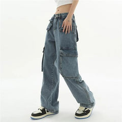 Bonsir Vintage Oversize Cargo Jeans Women Streetwear Fashion Wide Leg Pants Denim Elastic Waist Baggy New Straight Casual Trousers