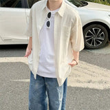 BONSIR  -  Men's Oversized Striped Casual Shirt - Korean Fashion Trend Short Sleeve Button-Down Collared Top  Stylish Layered Streetwear