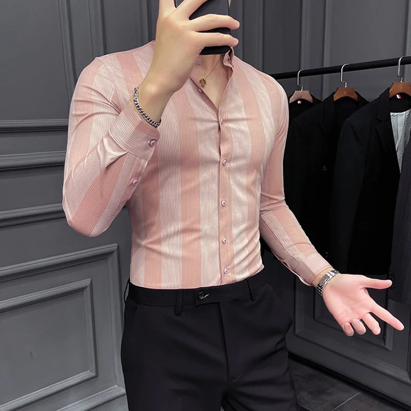 Bonsir Autumn New High Quality Striped Shirt Men Luxury Slim Fit Business Casual Shirt Formal Men Long Sleeve Party Prom Clothing Homme