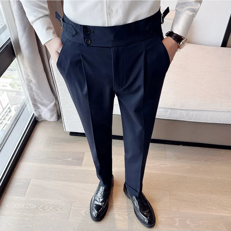 Bonsir Autumn Winter High Waist Business Dress Pants Men Casual Belt Design Slim Suit Pants Formal Wedding Social Party Male Trousers