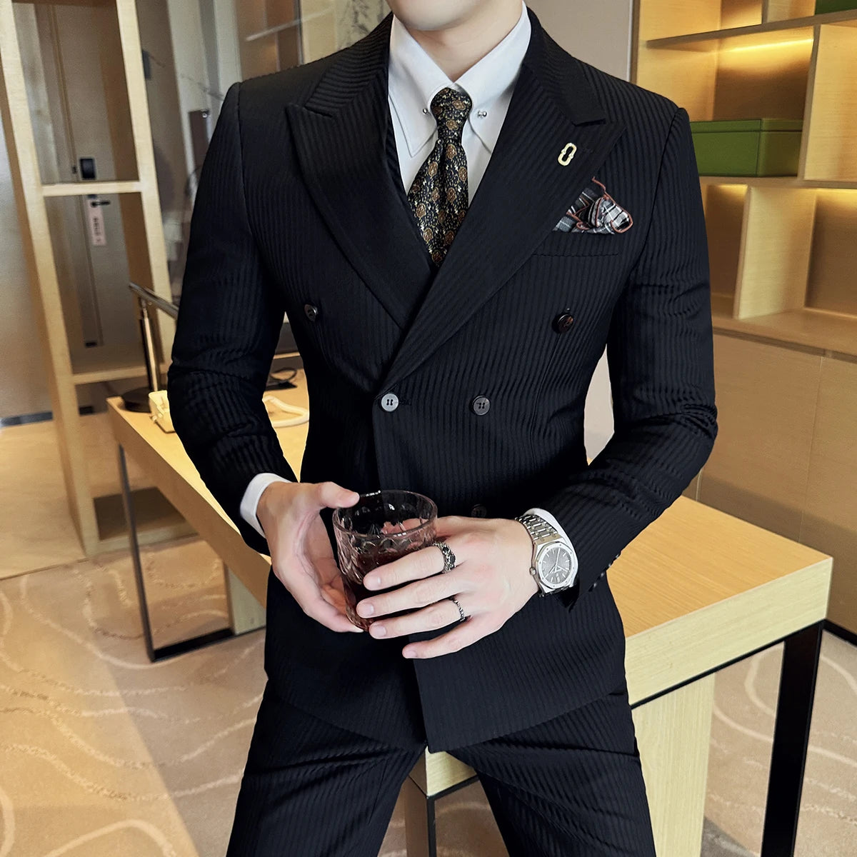 Bonsir (Jackets+Pants+Vest) Luxury Stripe Men Suit High Quality Double Breasted Elegant Fashion Tuxedo Formal Groom Wedding Social Suit