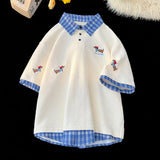 BONSIR  -  Korean Dog Embroidery Plaid Polo Short Sleeve T-Shirt 2025 Summer Retro Couple T-shirts Splicing Fake Two Pieces Simple Tops