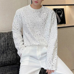 Bonsir Mens Autumn Y2k Sequined Korean Style Loose Long-Sleeved T-Shirt Autumn Genderless Nightclub Personalized Fashion Tops Unisex