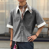 BONSIR  -  Men Shirt Summer Striped Patchwork Lapel Short Sleeve Men Clothing Streetwear Autumn 2025 Loose Korean Style Male Shirts