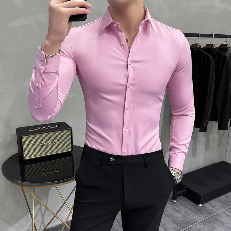 Bonsir Plus Size 7XL-M High Quality Men Dress Shirt Spring Long Sleeve Solid Business Slim Shirts Homme Dress Social Casual Shirt