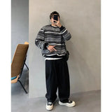 BONSIR  -  large-size men's autumn and winter Japanese retro striped velvet thickened American round neck pullover sweatshirt