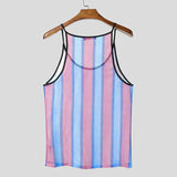BONSIR  -  Men Tank Tops Striped Colorful See Through Mesh Male Vests Summer Sexy O-neck Sleeveless Fashion Men Clothing Tops 2025