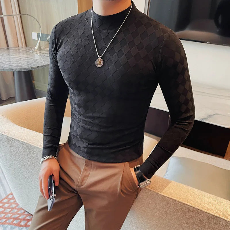 Bonsir Autumn New Plaid Plaid Elastic T-shirt Fashion Semi Turtleneck Long Sleeves Slim Fit Solid Color Casual Tee Men's Clothing