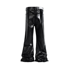 Bonsir High Street Wide Leg Glossy Pu Leather Pants Sashes Boot Cut Men and Wome Straight Baggy Casual Jeans Oversized Flared Trousers