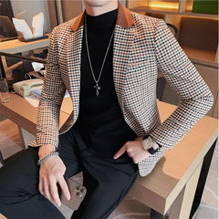 Bonsir British Style Mens Houndstooth Slim Fit Blazers New Simple Slim Fit Business Dress Coats Groom Wedding Tuxedo Suit Jacket