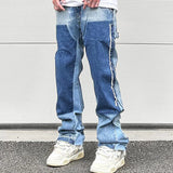 Bonsir High Street Patchwork Ripped Black Jeans Pants for Men Straight Retro Casual Sashes Pockets Denim Trousers Oversized Loose Jean