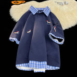 BONSIR  -  Korean Dog Embroidery Plaid Polo Short Sleeve T-Shirt 2025 Summer Retro Couple T-shirts Splicing Fake Two Pieces Simple Tops