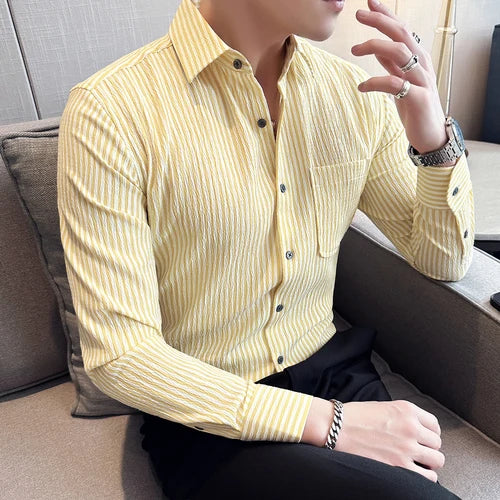 Bonsir Seersucker Fabric Striped Shirt Men's Summer Long Sleeve Slim Fit  Shirt Fashion Versatile Casual Sunscreen Clothes Shirts Coat