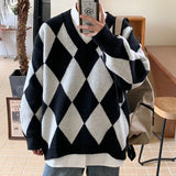 BONSIR  -  Korean Plaid Sweaters for Men Autumn Winter Patchwork Crew Neck Sweater Men Pullovers Casual Long Sleeve Knitted Y2k Shirt
