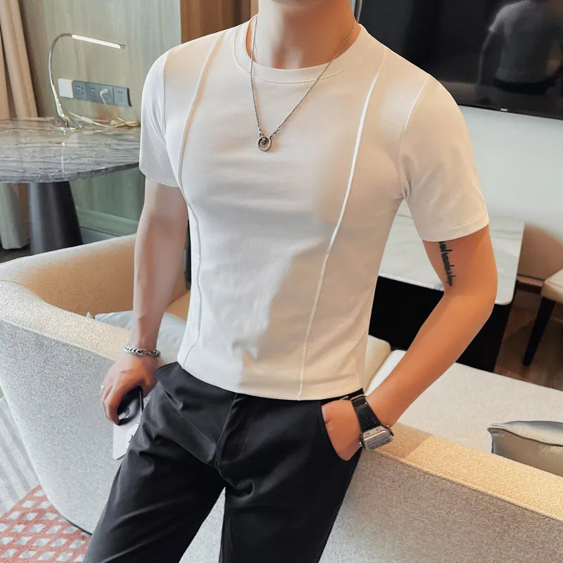 Bonsir Autumn New Round Neck Solid Color T Shirts Korean Luxury Long Sleeves Men's Casual Slim Fit Elastic Cotton Tee Shirts 4XL-M