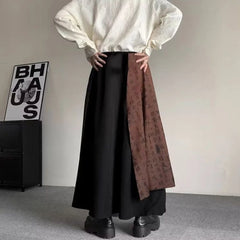 Bonsir Mens Double Layer Chinese Calligraphy Splicing Irregular Culottes 2024 New Genderless Waist Strap Loose Wide Leg Pants Unisex