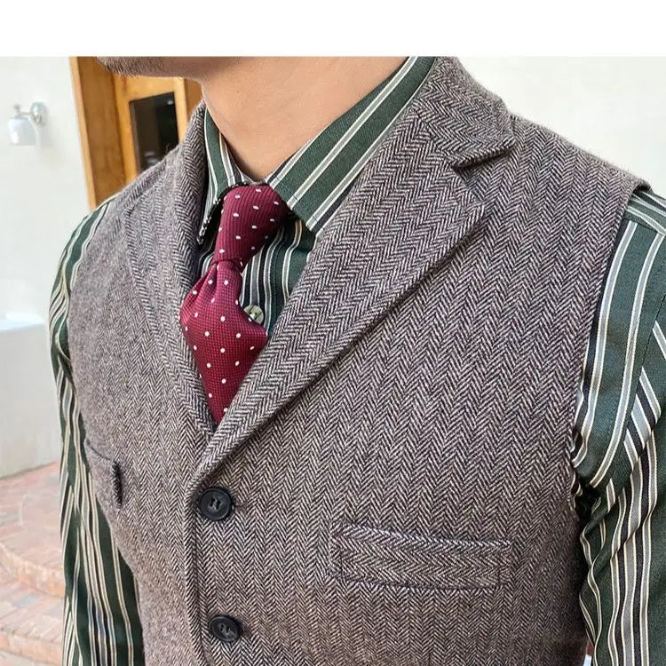 Bonsir Fashion Casual Tooling Vest Formal Herringbone Tweed Brown V Neck Wool Waistcoat Business Vest Groomman for Wedding Prom B18