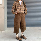 BONSIR  -  Summer Cotton Casual Pants Men Retro Cargo Pants Men Japanese Streetwear Hip-hop Loose Wide Leg Pants Men Cropped Trousers