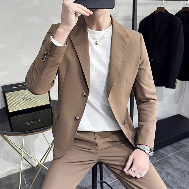 Bonsir 7XL 6XL (Jacket+Pant) Spring Summer Simple Casual Suit Men's Business Groom Wedding Tuxedo Formal Prom Party Office Suit