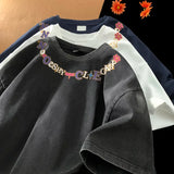 BONSIR  -  Washed Black T-Shirt Neckline Print Harajuku Style Short Sleeve Couple's Daily Tshirt Round Neck Top Y2k Street Style Tee Shirt