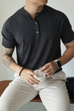 BONSIR  -  New Fashion American Style Men T-shirt Light Luxury Knitted Henry Collar Tees Casual Solid Color Short Sleeve Breathable Tops