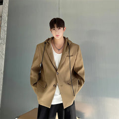 Bonsir Men's Suit Jacket Hooded Single Breasted Casual Male Solid Color Clothing Autumn New Loose Hoodie Blazers