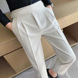 Bonsir British Style Men High Waist Casual Dress Pant Men Belt Design Slim Trousers Formal Office Social Wedding Party Dress Suit Pants