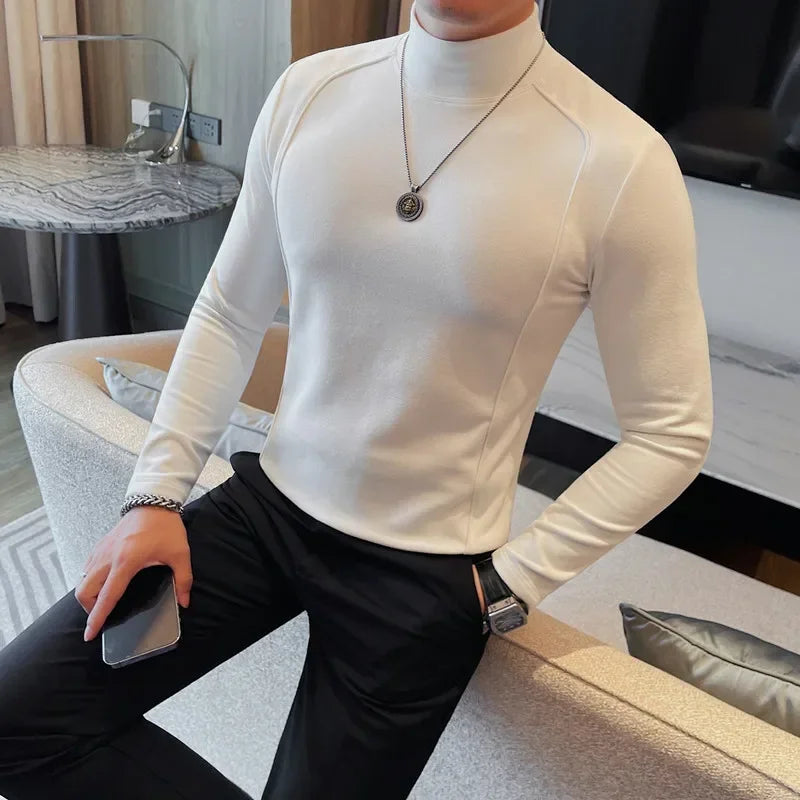 Bonsir Autumn Winter Men Half High Collar Long Sleeve T Shirts High Quality Velvet Solid Color Slim Fit Casual T-Shirt Men Clothing 4XL