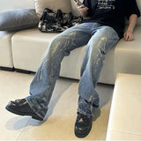 Bonsir String Lace Up Frayed Washed Pantalones Hombre Baggy Blue Jeans for Men Y2k Streetwear Washed Casual Denim Trousers Oversized
